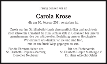 Traueranzeige von Carola Krose von OP Marburg