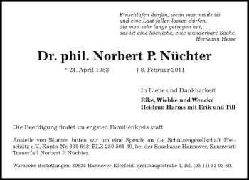 Traueranzeige von Dr. phil. Norbert P. Nüchter von HAZ/NP