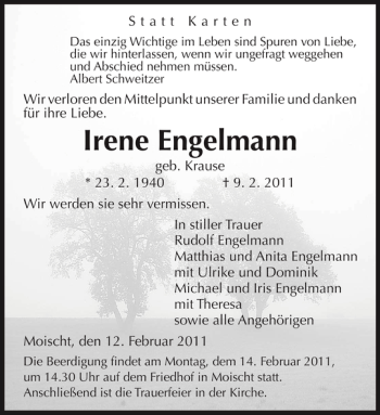 Traueranzeige von Irene Engelmann von OP Marburg