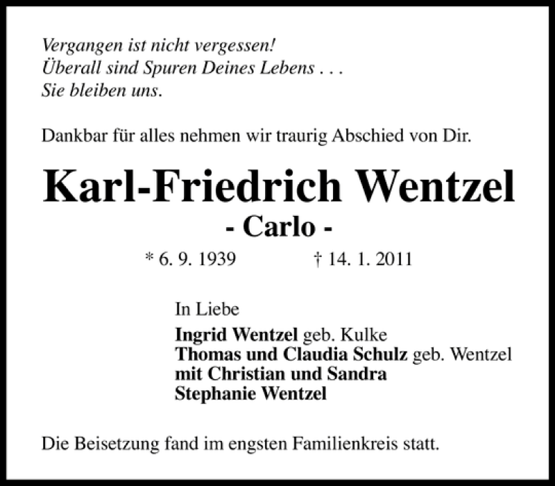  Traueranzeige für Karl-Friedrich Wentzel vom 05.02.2011 aus HAZ/NP