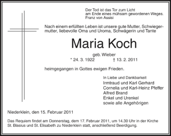Traueranzeige von Maria Koch von OP Marburg