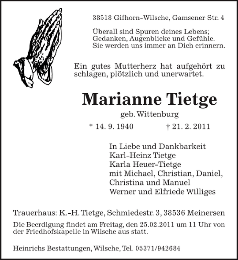  Traueranzeige für Marianne Tietge vom 24.02.2011 aus Aller Zeitung / Wolfsburger Allgemeine