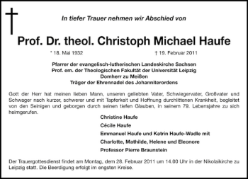 Traueranzeige von Prof. Dr. theol. Christoph Michael Haufe  von Leipziger Volkszeitung