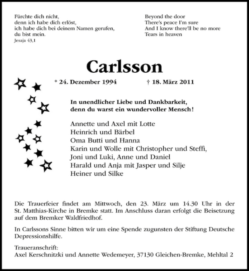  Traueranzeige für Carlsson Wedemeyer vom 21.03.2011 aus Göttinger Tageblatt