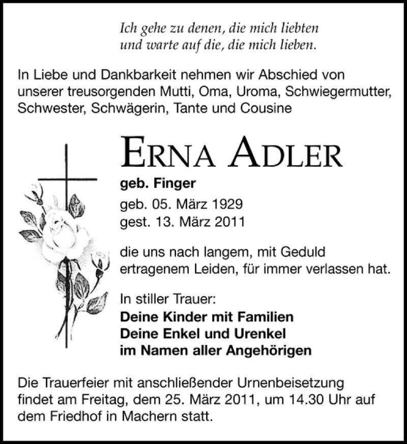  Traueranzeige für ERNA ADLER vom 19.03.2011 aus Leipziger Volkszeitung