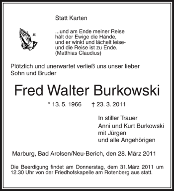 Traueranzeige von Fred Walter Burkowski von OP Marburg