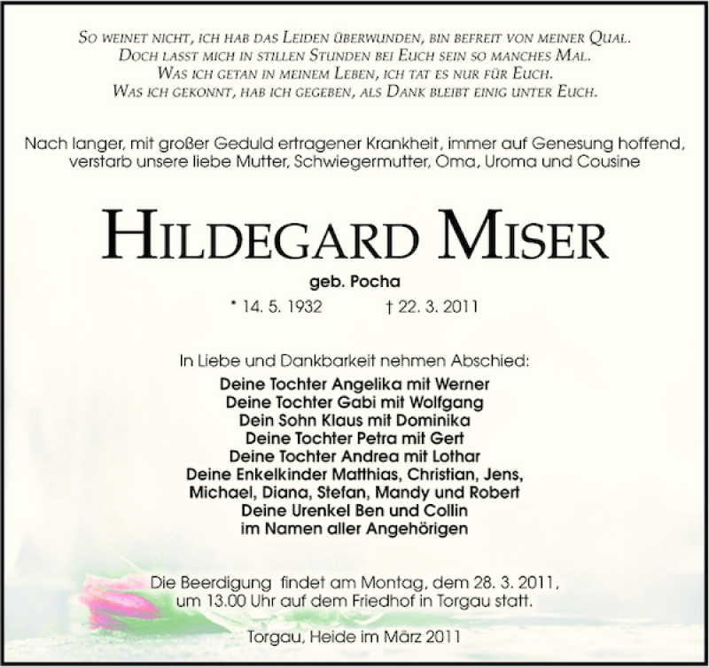  Traueranzeige für HILDEGARD MISER vom 26.03.2011 aus Leipziger Volkszeitung