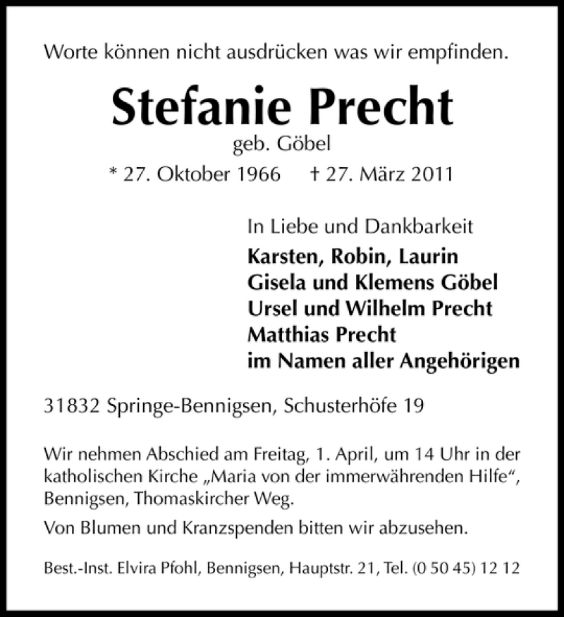  Traueranzeige für Stefanie Precht vom 30.03.2011 aus HAZ/NP
