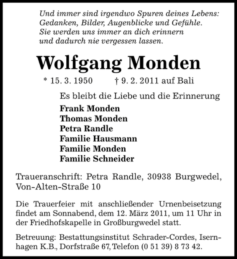  Traueranzeige für Wolfgang Monden vom 05.03.2011 aus HAZ/NP