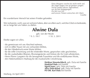 Traueranzeige von Alwine Dula von OP Marburg