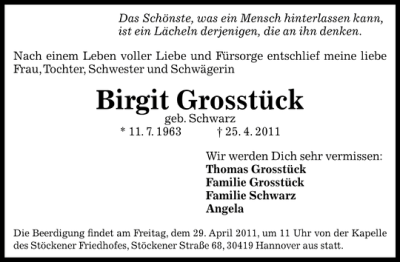  Traueranzeige für Birgit Grosstück vom 27.04.2011 aus HAZ/NP