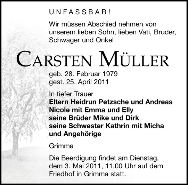  Traueranzeige für CARSTEN MÜLLER vom 30.04.2011 aus Leipziger Volkszeitung