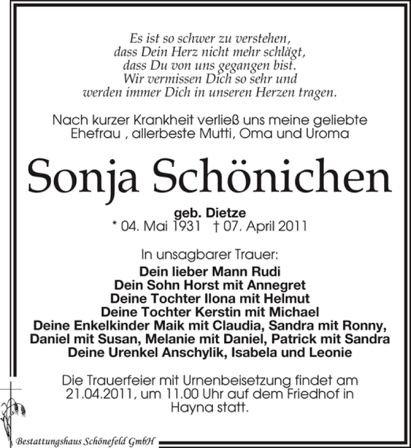  Traueranzeige für Sonja Schönichen vom 16.04.2011 aus Leipziger Volkszeitung