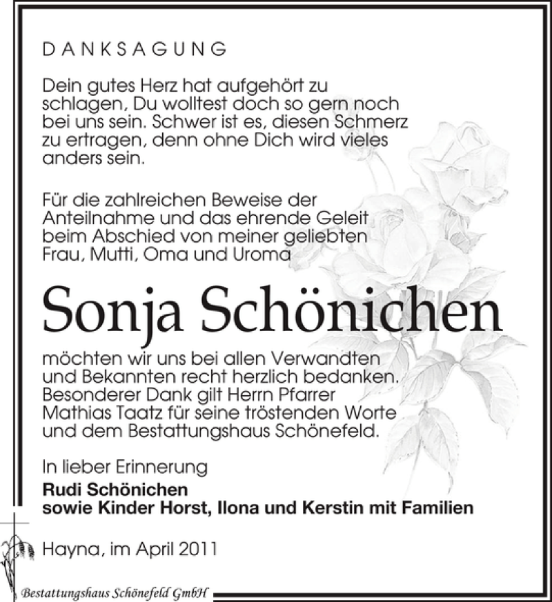  Traueranzeige für Sonja Schönichen vom 30.04.2011 aus Leipziger Volkszeitung