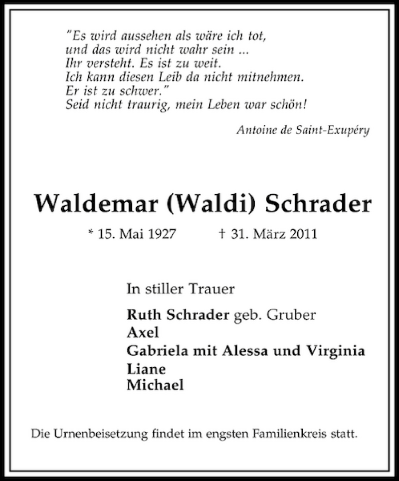  Traueranzeige für Waldemar (Waldi) Schrader vom 09.04.2011 aus HAZ/NP