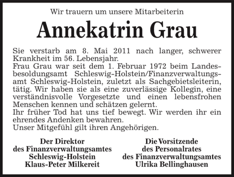 Traueranzeige für Annekatrin Grau vom 11.05.2011 aus Kieler Nachrichten / Segeberger Zeitung