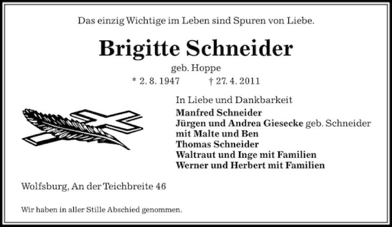  Traueranzeige für Brigitte Schneider vom 14.05.2011 aus Aller Zeitung / Wolfsburger Allgemeine