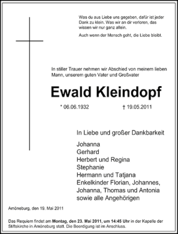 Traueranzeige von Ewald Kleindopf von OP Marburg