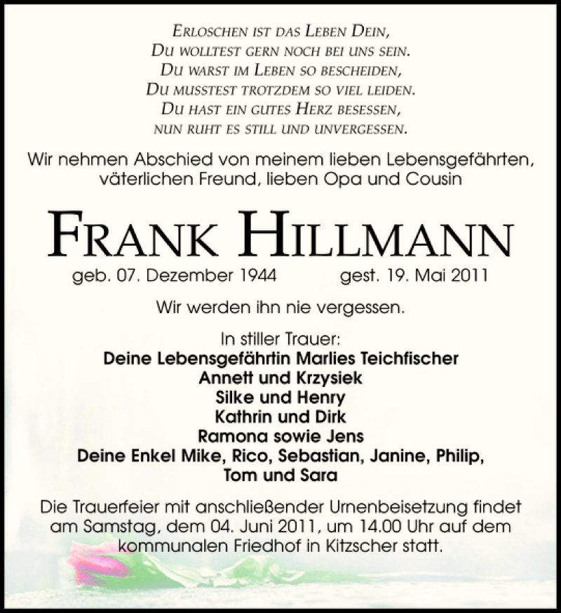  Traueranzeige für FRANK HILLMANN vom 28.05.2011 aus Leipziger Volkszeitung