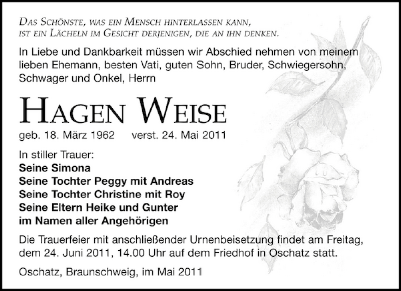  Traueranzeige für Hagen Weise vom 28.05.2011 aus Leipziger Volkszeitung