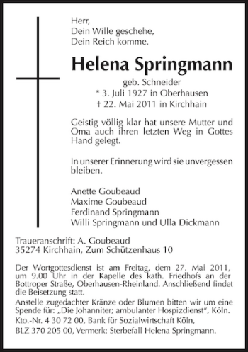 Traueranzeige von Helena Springmann von OP Marburg