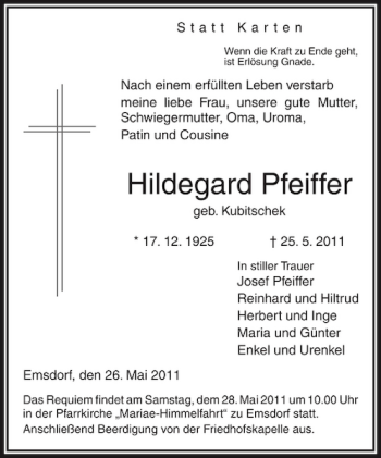 Traueranzeige von Hildegard Pfeiffer von OP Marburg