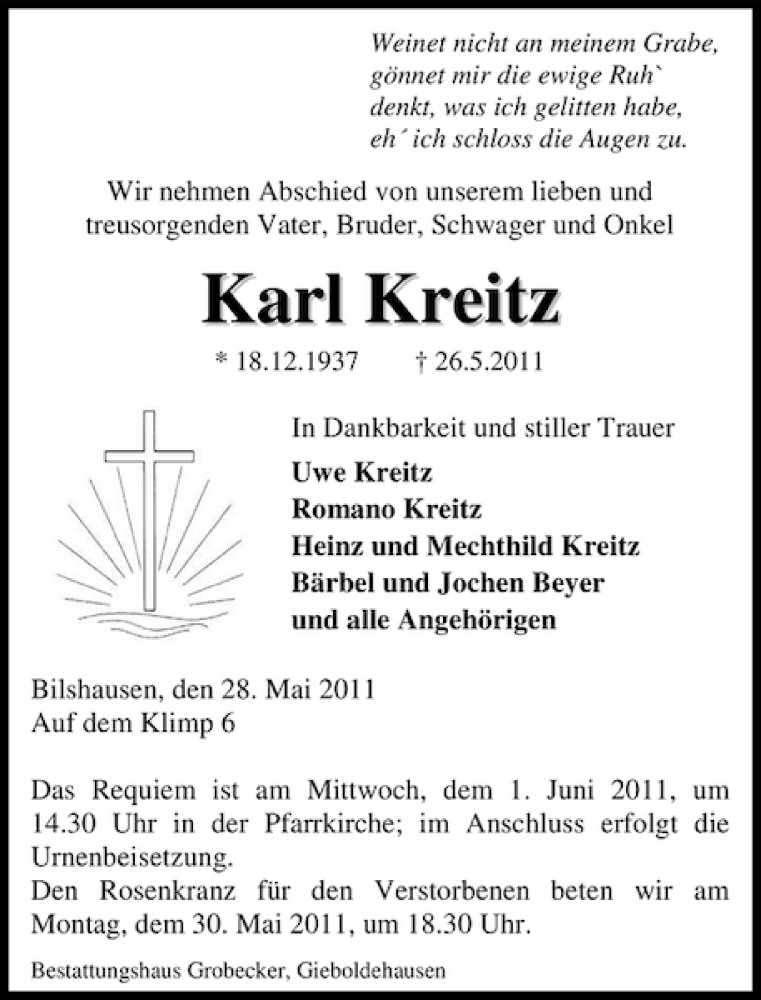 Traueranzeigen von Karl Kreitz | trauer-anzeigen.de