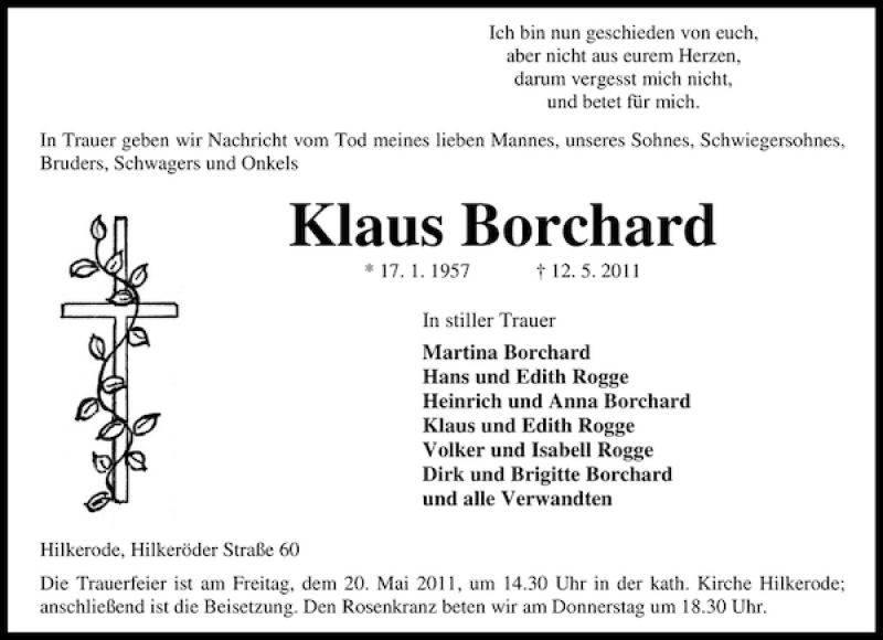  Traueranzeige für Klaus Borchard vom 18.05.2011 aus Eichsfelder Tageblatt