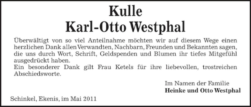  Traueranzeige für Kulle Karl-Otto Westphal vom 07.05.2011 aus Kieler Nachrichten / Segeberger Zeitung