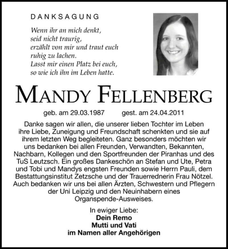  Traueranzeige für MANDY FELLENBERG vom 20.05.2011 aus Leipziger Volkszeitung