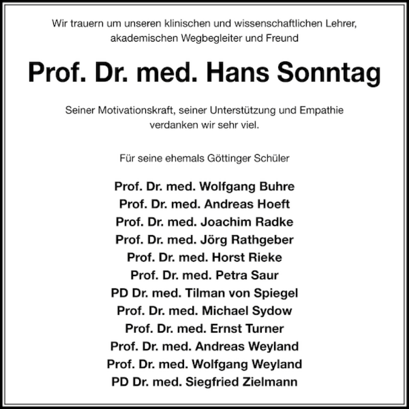  Traueranzeige für Prof. Dr. med. Hans Sonntag vom 14.05.2011 aus Göttinger Tageblatt