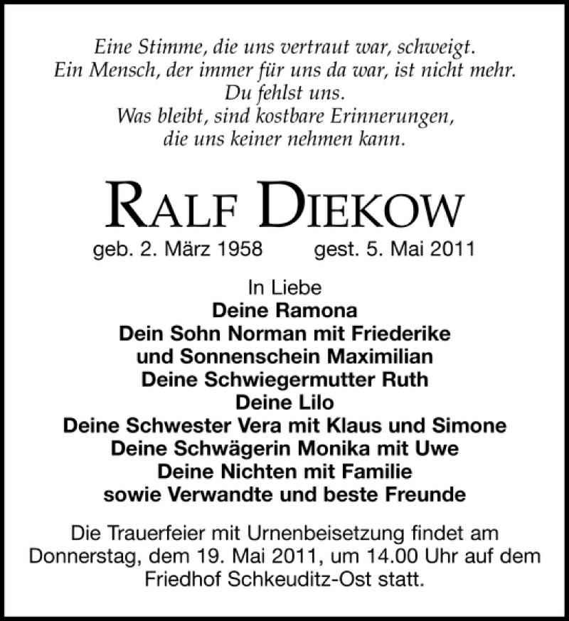  Traueranzeige für RALF DIEKOW vom 14.05.2011 aus Leipziger Volkszeitung