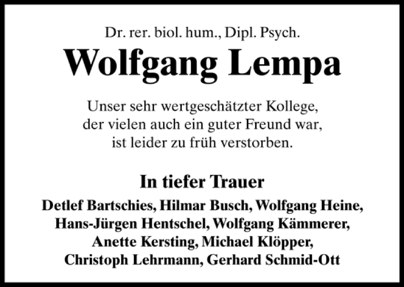  Traueranzeige für Wolfgang Lempa vom 14.05.2011 aus HAZ/NP