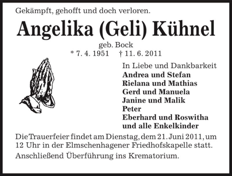  Traueranzeige für Angelika Geli Kühnel vom 18.06.2011 aus Kieler Nachrichten / Segeberger Zeitung