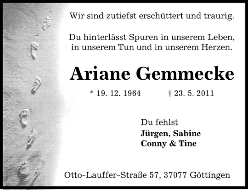  Traueranzeige für Ariane Gemmecke vom 04.06.2011 aus Göttinger Tageblatt