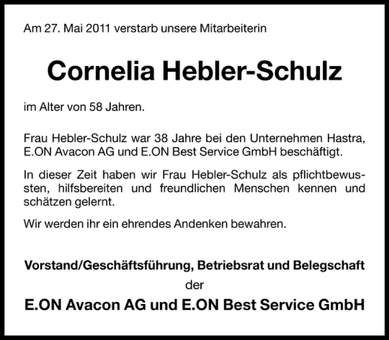  Traueranzeige für Cornelia Hebler-Schulz vom 01.06.2011 aus HAZ/NP