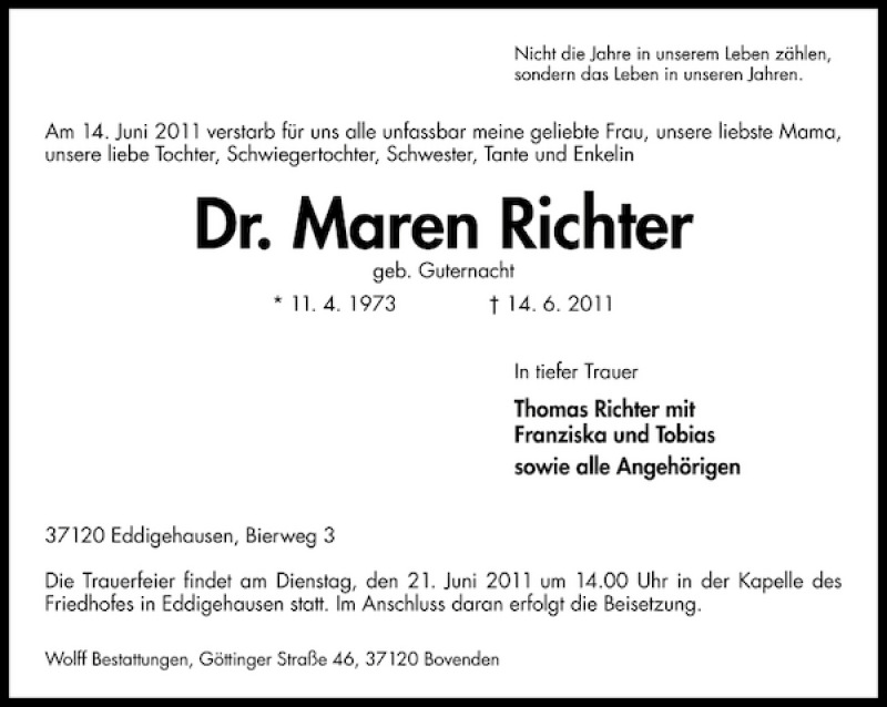  Traueranzeige für Dr. Maren Richter vom 18.06.2011 aus Göttinger Tageblatt