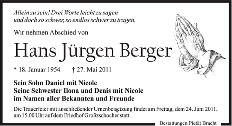  Traueranzeige für Hans Jürgen Berger vom 18.06.2011 aus Leipziger Volkszeitung
