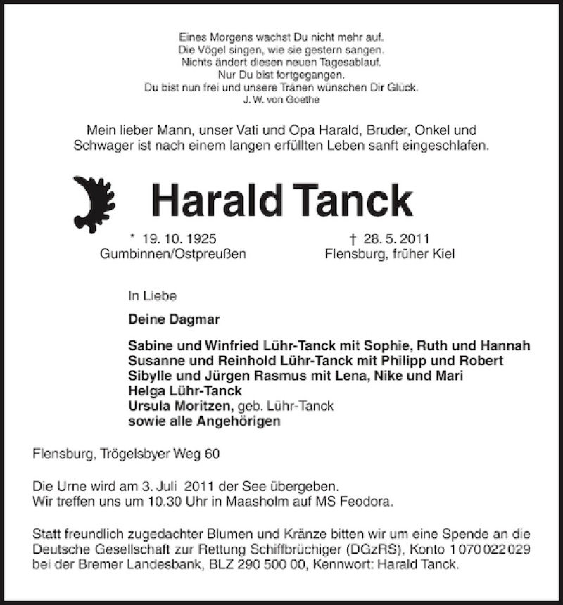  Traueranzeige für Harald Tanck vom 04.06.2011 aus Kieler Nachrichten / Segeberger Zeitung