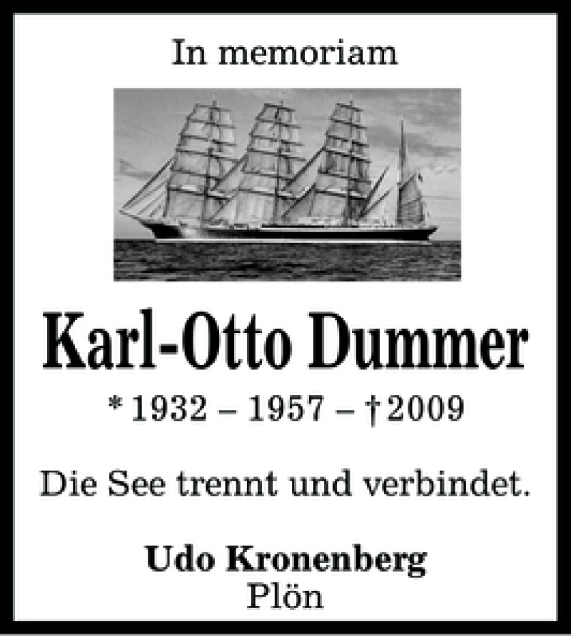  Traueranzeige für Karl-Otto Dummer vom 18.06.2011 aus Kieler Nachrichten / Segeberger Zeitung