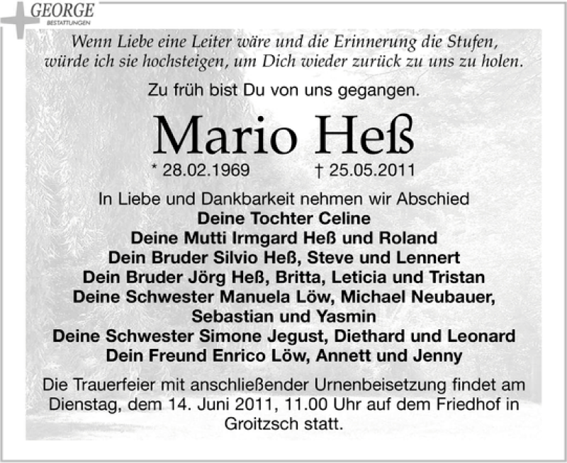  Traueranzeige für Mario Heß vom 04.06.2011 aus Leipziger Volkszeitung