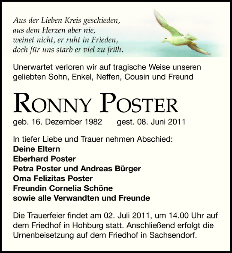  Traueranzeige für Ronny Poster vom 25.06.2011 aus Leipziger Volkszeitung