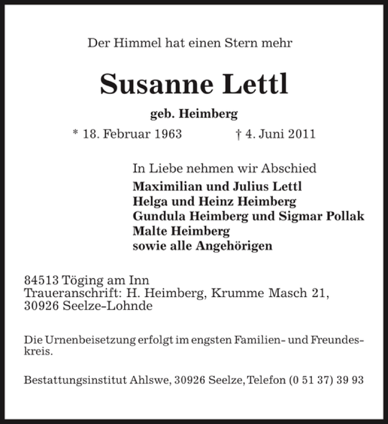  Traueranzeige für Susanne Lettl vom 18.06.2011 aus HAZ/NP