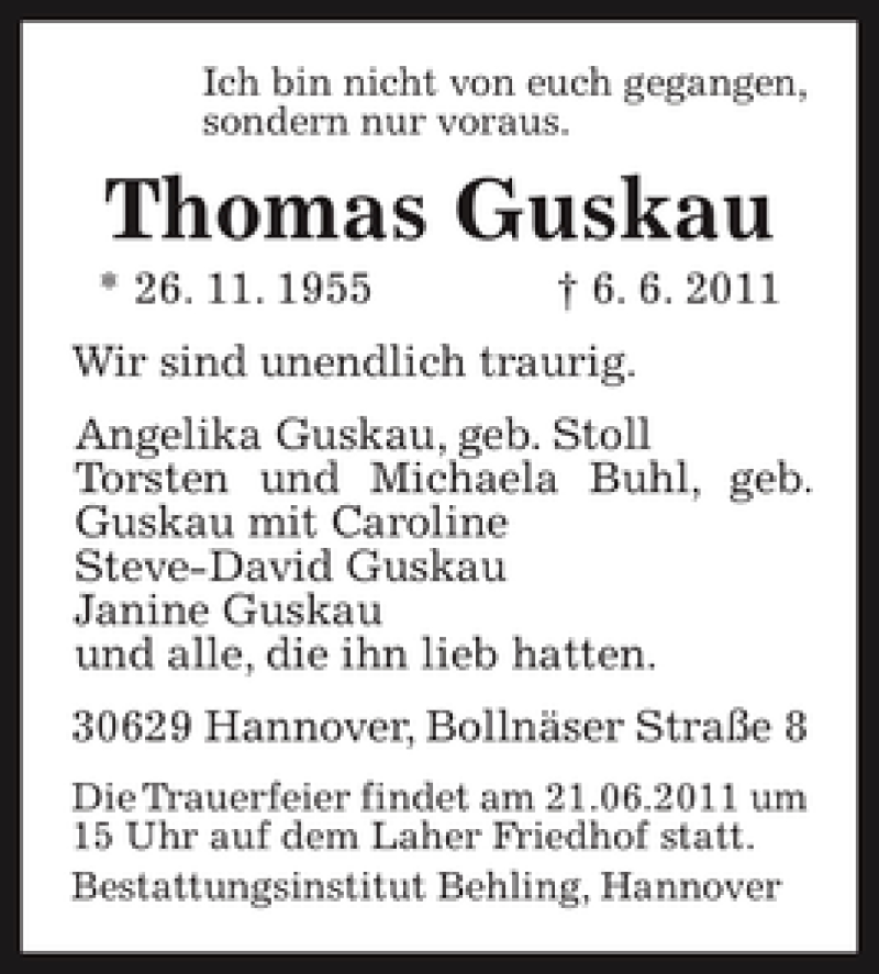  Traueranzeige für Thomas Guskau vom 16.06.2011 aus HAZ/NP