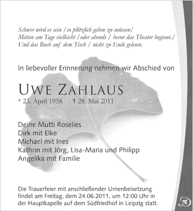  Traueranzeige für UWE ZAHLAUS vom 11.06.2011 aus Leipziger Volkszeitung