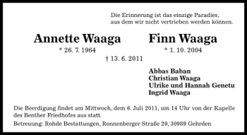 Traueranzeige von Annette Waaga Finn Waaga von HAZ/NP