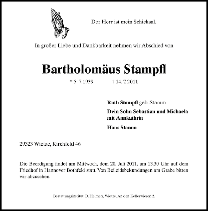  Traueranzeige für Bartholomäus Stampfl vom 18.07.2011 aus HAZ/NP