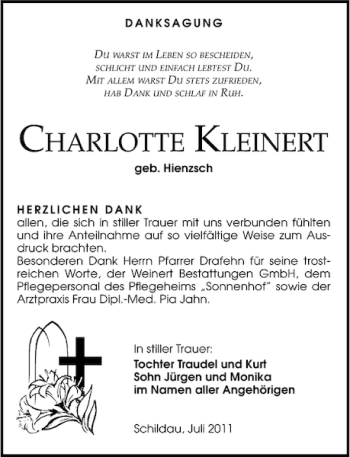 Traueranzeige von CHARLOTTE KLEINERT von Leipziger Volkszeitung