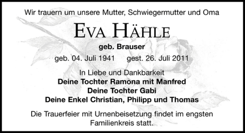  Traueranzeige für EVA HÄHLE vom 30.07.2011 aus Leipziger Volkszeitung