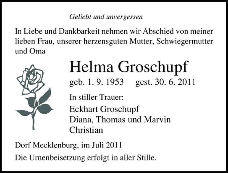  Traueranzeige für Helma Groschupf vom 06.07.2011 aus Ostsee-Zeitung